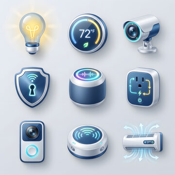 Smart Home Automation Technology Icons Set Featuring Connected Security and Energy Efficient Device Concepts for Modern Residential Living