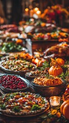 Fototapeta premium Abundant Thanksgiving Feast with Roasted Turkey and Traditional Holiday Sides.