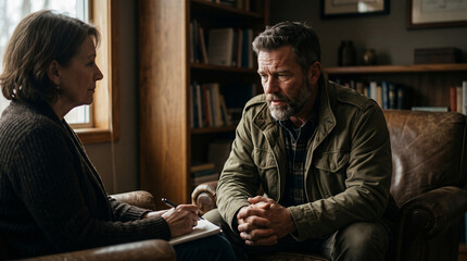 Fototapeta premium A Confidentional Session: A man with weathered features and clasped hands sits in a comfortable armchair, engaged in a deep conversation with a woman holding a notepad.