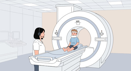 Obraz premium Child undergoing MRI scan with medical professional supervision