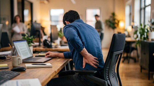 Professional man sitting at his desk experiencing severe lower back pain while working on laptop