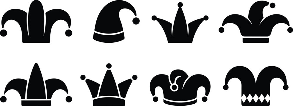 Jester Hat Silhouette Collection, Medieval Court Fool Cap Icons Set with Carnival, Festival and Costume Black Vector Illustration Pack