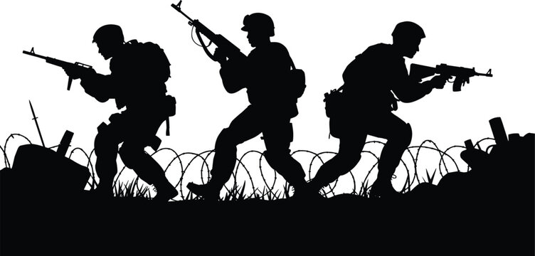 Military Soldiers Combat Silhouette Scene, Armed Infantry Patrol Vector Illustration with Tactical Troops, Battlefield, Barbed Wire and Defense Operations