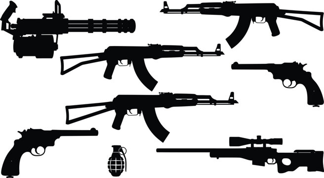 Set of military weapons silhouettes including assault rifles sniper rifle pistols hand grenade and heavy minigun