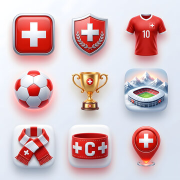 Swiss National Football Team Sports Icon Set featuring Soccer Ball Jersey Trophy and Stadium