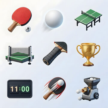 3D Isometric Table Tennis Equipment Icon Set Featuring Paddle, Ball, Table, Trophy, and Training Machine