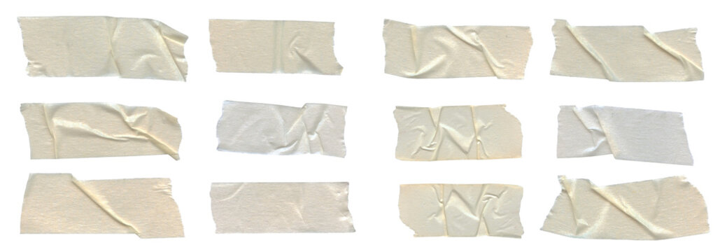 Adhesive beige washi crumpled paper tape isolated element. Craft scrapbooking transparent element with grunge texture. Torn ripped note memo sticker