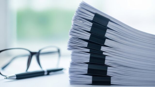 A stack of papers on a desk with glasses and a pen