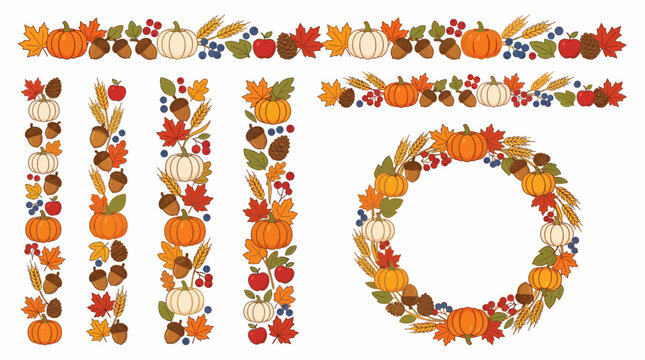 Autumn harvest pumpkins and leaves decorative borders and wreath