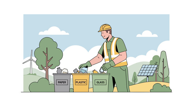 Worker sorts garbage in recycling bins near solar panel and wind turbine.