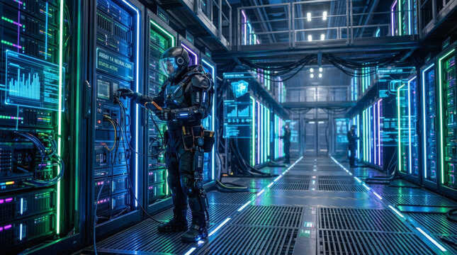 Man in futuristic server room setting.