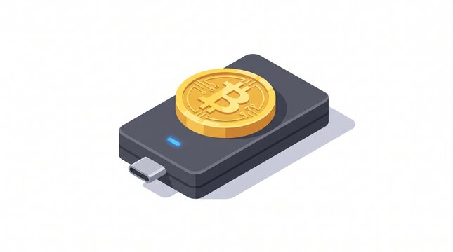 Isometric illustration of a gold cryptocurrency coin resting on a digital hardware wallet