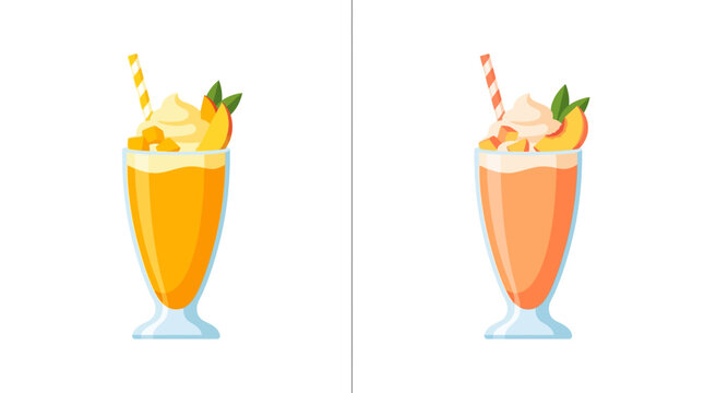 Tropical mango and peach fruit milkshakes vector set with whipped cream