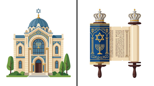 Synagogue architectural building and sacred torah scroll illustration set