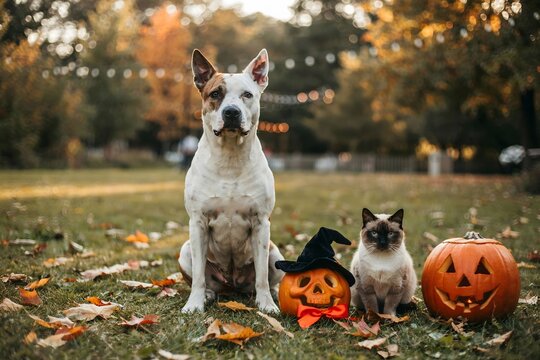 Festive halloween scene dog and cat with jack o' lanterns in autumnal garden for holiday celebrations