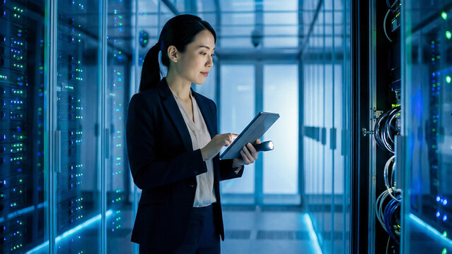 データセンターでタブレットを操作しネットワーク機器を管理する女性IT技術者