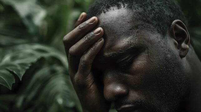 man holding head stressed, natural environment