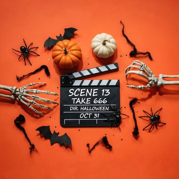 Spooky halloween movie scene setup pumpkins skeletons bats and clapperboard on orange background
