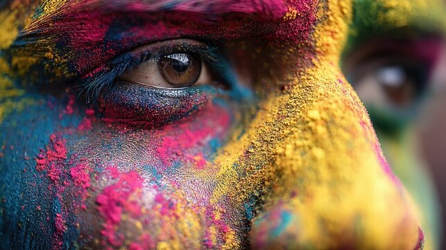 Macro of face covered in multi colored Holi powder. Brown eye detail with yellow and pink pigment. Indian festival celebration for Holi Diwali and Navratri