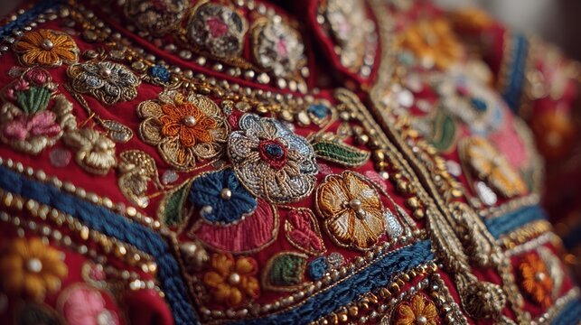 Close up of red Indian garment with intricate floral embroidery and beadwork. Traditional ethnic attire for festive celebrations. Detail of craftsmanship for Diwali Holi and Navratri