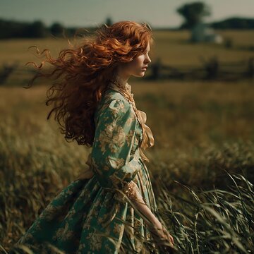 A young woman with long red hair walking through a field at sunset.