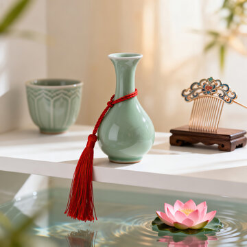 Celadon vase red tassel, Chinese lotus comb still life, water reflection