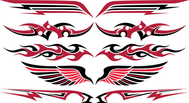 Red and black vinyl graphics vector set with tribal flame designs eagle wings and pinstripe racing decals for vehicle styling.