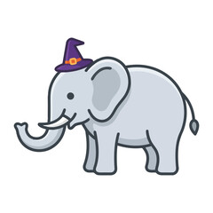 Naklejka premium Cute Cartoon Elephant Wearing A Purple Witch Hat For Halloween Party Graphic Design Asset Illustrating A Playful Animal Character Isolated On White