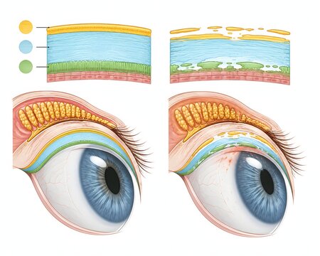 Dry eye syndrome tear film layers diagram, ophthalmology medical illustration showing tear film layer breakdown, meibomian gland dysfunction and corneal exposure
