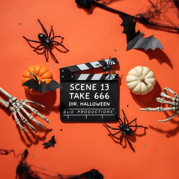 Spooky halloween movie set pumpkins skeletons spiders clapperboard for festive film production