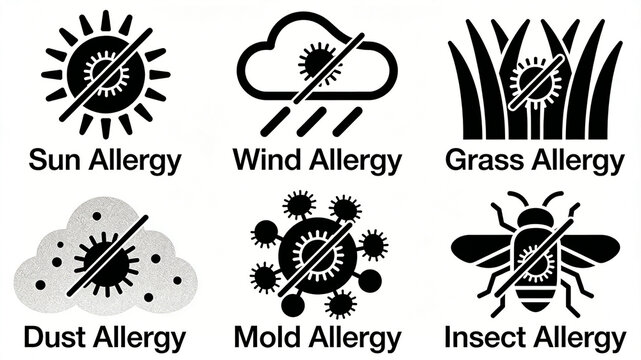 Environmental allergen icon set display, avoiding sunlight, sandstorms, vegetation, dust, mold, mosquitoes, and other outdoor allergens
