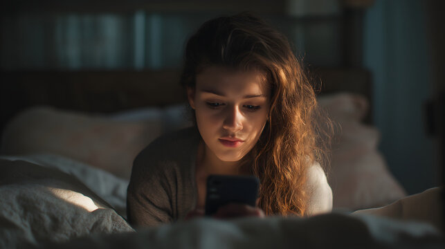 young adult scrolling smartphone in bed, young woman watching tv at home