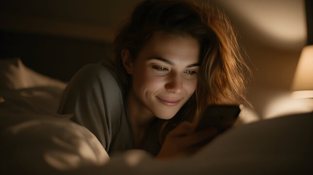 young adult scrolling smartphone in bed, portrait of a young woman
