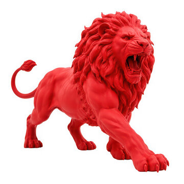 Aggressive red lion statue roaring in defensive isolated on transparent background
