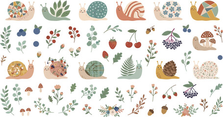 Cute Cartoon Snail and Forest Botanical Clipart Set with Ornate Mosaic Shells Leaves Berries and Mushrooms Isolated on White Background © MDRahul