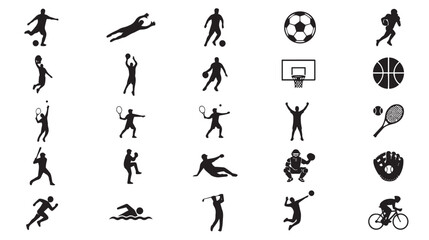 Sports icons set with 25 black silhouettes, athletic player pictograms for soccer basketball and tennis, professional athlete vector symbols © Naveed