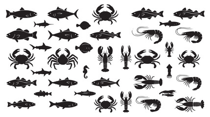 Seafood silhouette collection, black fish and crustacean icons set, marine animal vector graphics for restaurant menus and food packaging © Naveed
