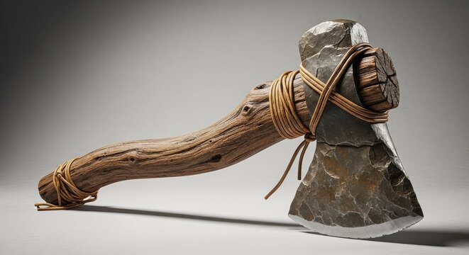 Studio shot of a primitive hand-forged stone axe with a textured wooden handle, highlighting aged craftsmanship and historical heritage, workmanship, equipment, stone