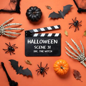 Spooky halloween movie night clapperboard skeletons pumpkins bats and spiders festive october 31st scene