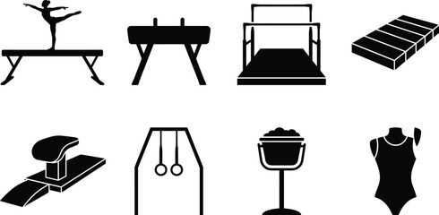 Gymnastics equipment and athlete black silhouette icons set isolated on a white background © Hello There