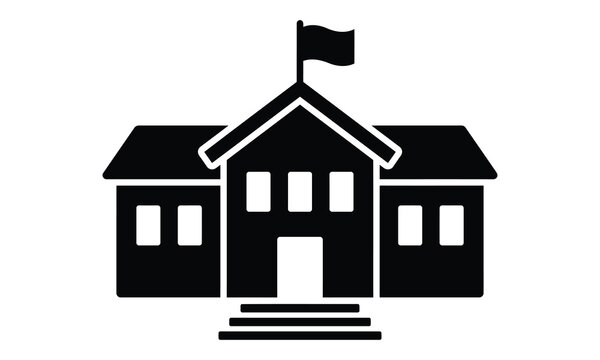 School building icon with flag, minimalist black vector schoolhouse graphic, academic and education concept isolated on white background, scalable EPS design