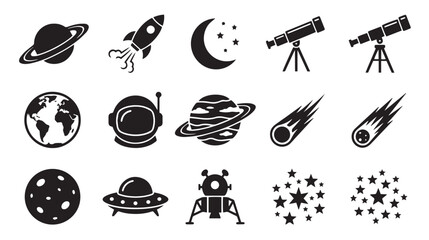 Space exploration icons set, black astronomy vector symbols, 15 galaxy and universe elements for science education and web design © Naveed