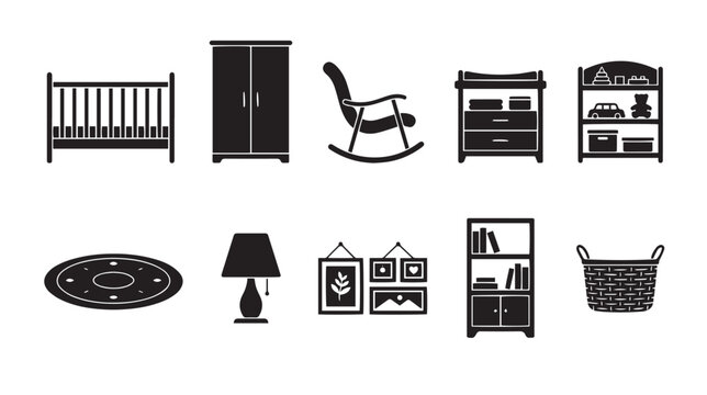 Nursery furniture icon set, black silhouette baby room interior elements, 10 vector illustrations of crib rocking chair and changing table for home decor