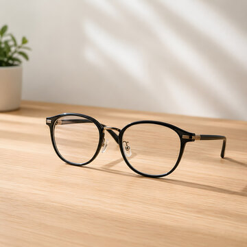 Modern Black Eyeglasses on Wooden Table with Natural Light and Minimal Background