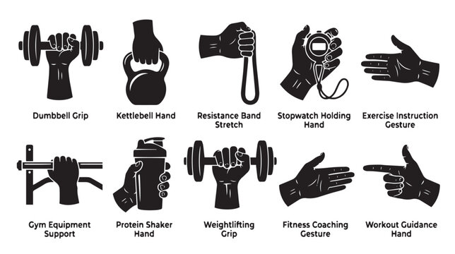 Gym fitness hand gestures and equipment grip icons, 10 black vector silhouettes of weightlifting hands, workout coaching and exercise instruction set