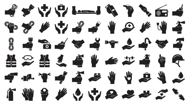 Emergency survival and first aid icons set, black silhouette safety equipment symbols, 70 rescue and disaster preparedness vector elements