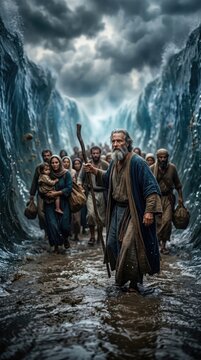 Ancient liberation journey: Moses leader, Red Sea divide, Egyptian pursue, escape path, religion narrative, Bible event, theology concept, symbolism power, atmosphere dramatic.