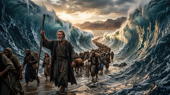 Prophetic exodus journey: Moses guide, Red Sea, Egyptian pursuit, people escape, sacred religion, Bible scripture, theology concept, deep symbolism, epic atmosphere.