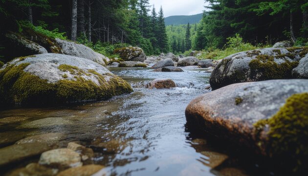 Pristine mountain stream flowing through dense evergreen forest