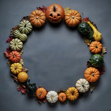 Festive halloween pumpkin and squash wreath with autumn leaves on a dark gray background